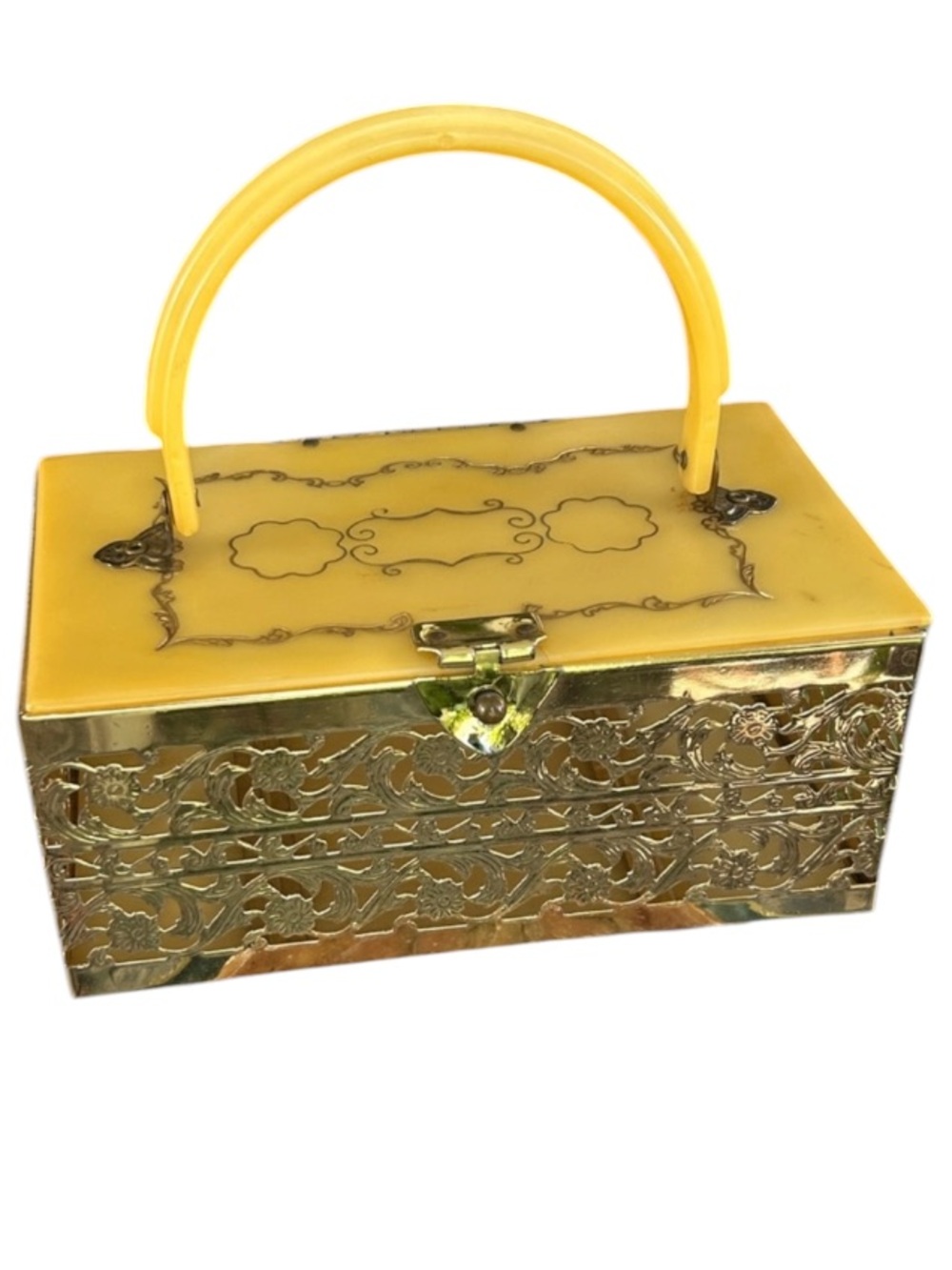 VINTAGE Gold Metal Filigree BOX PURSE w Yellow Lucite Celluloid Top & Handle